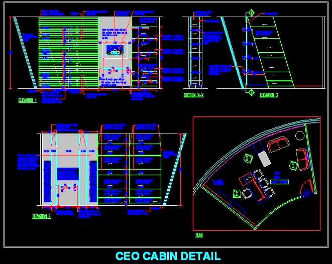 Office Cabin Interior DWG- Inclined Facade & Material Details